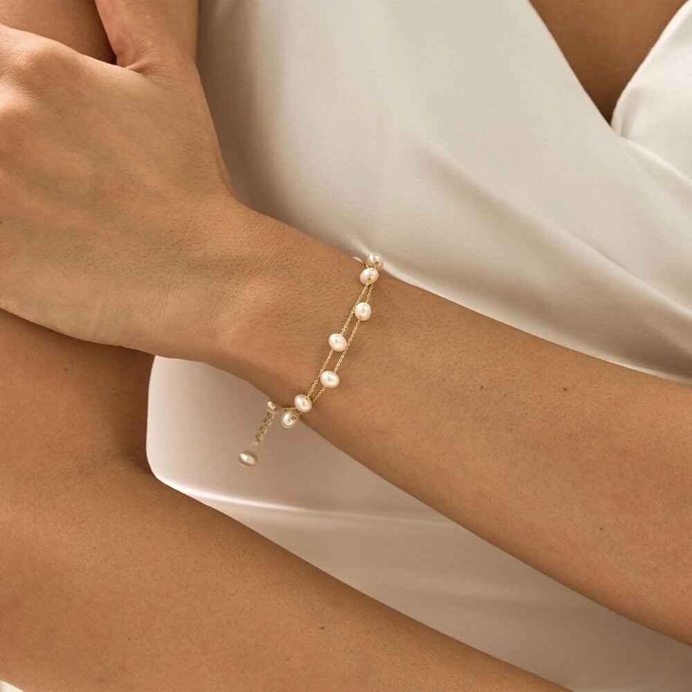 Gold/Silver Pearl Bracelets - 14K Gold Plated Dainty Pearls Beaded Chain Heart B - Picture 3 of 7